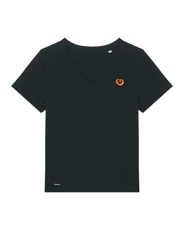 Bio-Baumwolle Frauen V-Ausschnitt T-Shirt mit Breze - Bavarian Edition