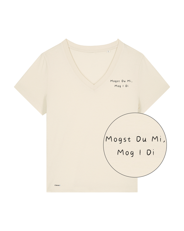 Bio-Baumwolle Frauen V-Ausschnitt T-Shirt mit "Mogst Du Mi, Mog I Di" - Special Edition